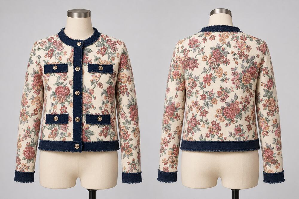 Cherry Paris Floral Knit Jacket Womens S/M Navy Fringe Gold Button Cardigan